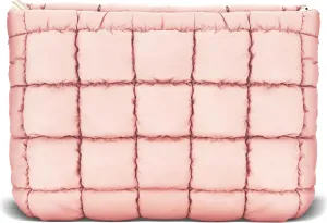 Puffy Quilted Makeup Bag Cotton Large Pink Travel Cosmetic Bag Cute Puffer Solid Toiletry Brush Organizer Pouch Coquette Aesthetic Portable Storage Tote Zipper Makeup Purse for Women Girls