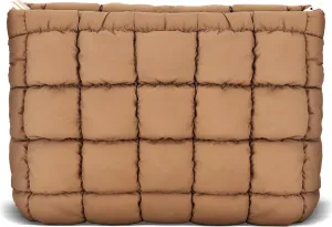 Puffy Quilted Makeup Bag Cotton Small Brown Travel Cosmetic Bag Cute Puffer Toiletry Bag Portable Zipper Makeup Pouch Coquette Aesthetic Makeup Brush Storage Organizer for Women Girls