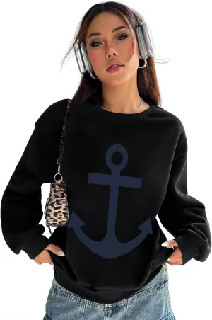 PYL Anchor print Womens Crew Neck Long Sleeve Oversize Sweatshirt
