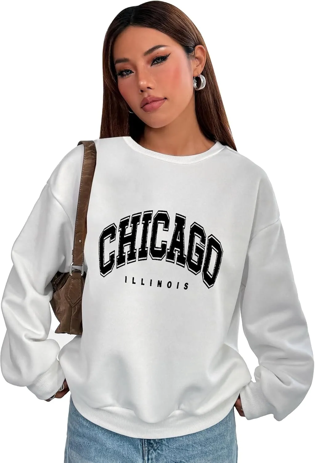 PYL CHICAGO Womens Crew Neck Long Sleeve Oversize Sweatshirt
