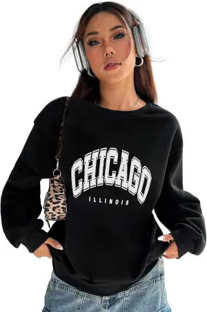PYL CHICAGO Womens Crew Neck Long Sleeve Oversize Sweatshirt