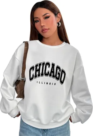 PYL CHICAGO Womens Crew Neck Long Sleeve Oversize Sweatshirt