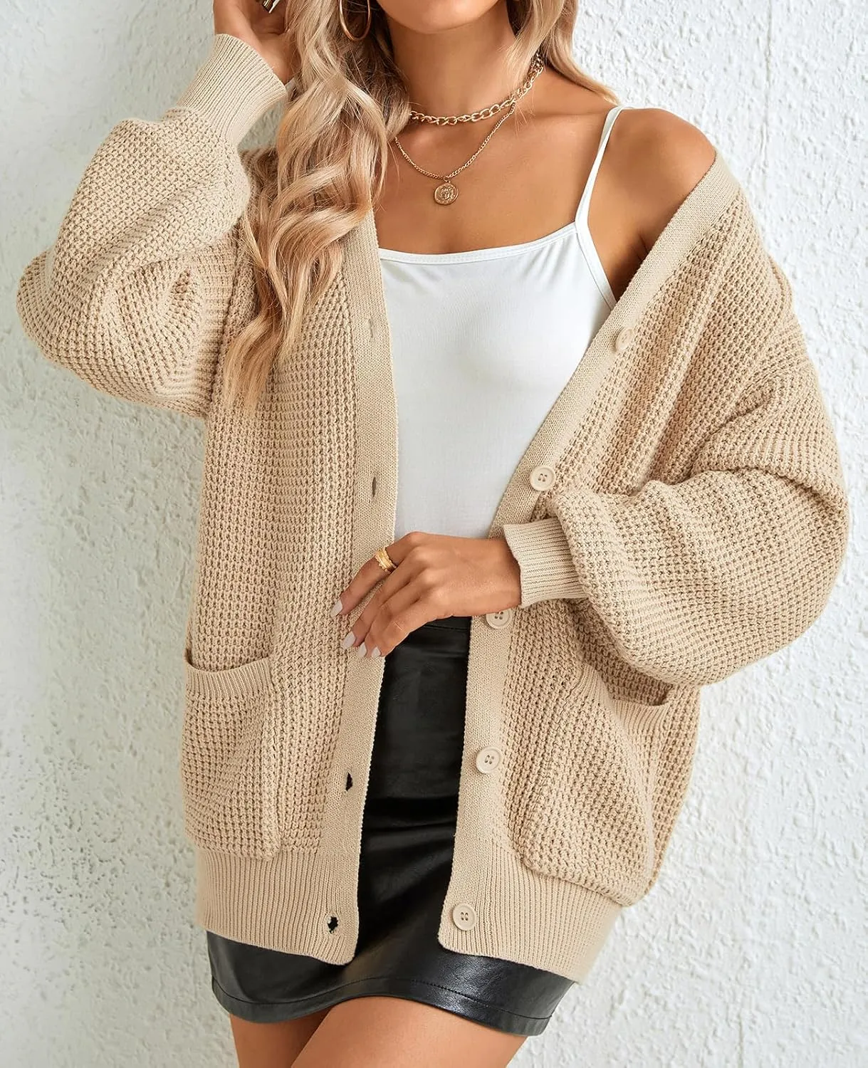 QUALFORT Women's Cardigan Sweater 100% Cotton Button-Down Long Sleeve Oversized Knit Cardigans with Pockets