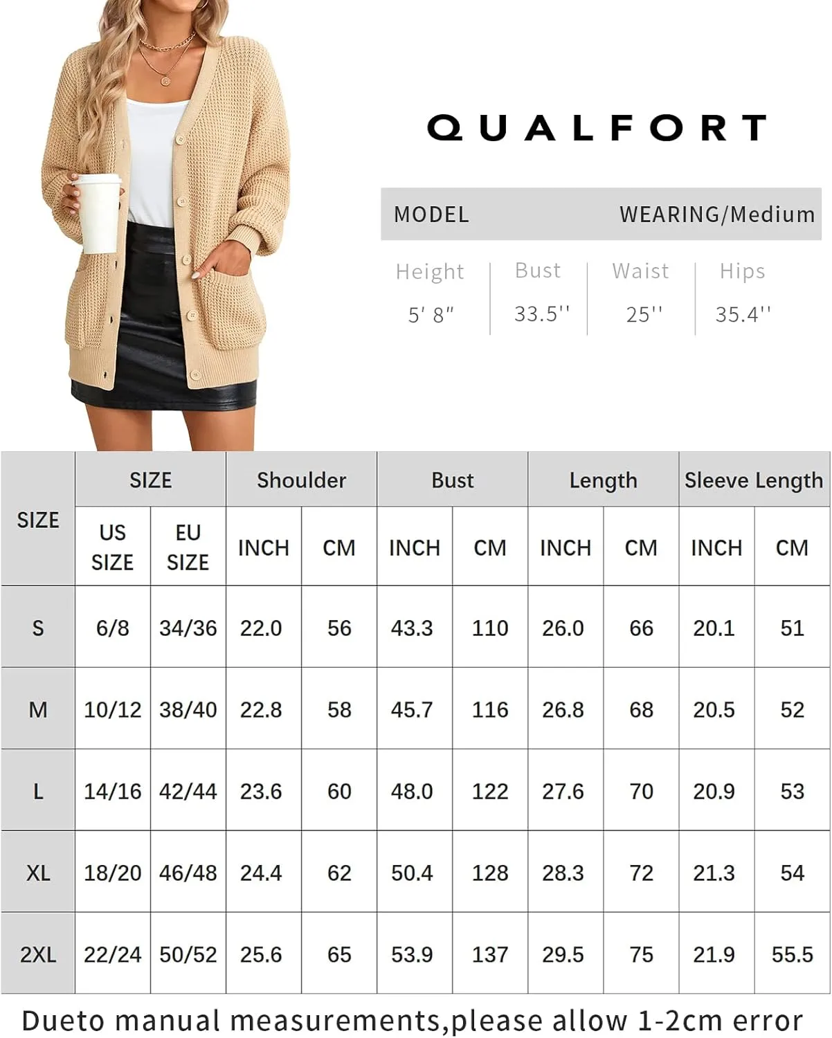 QUALFORT Women's Cardigan Sweater 100% Cotton Button-Down Long Sleeve Oversized Knit Cardigans with Pockets