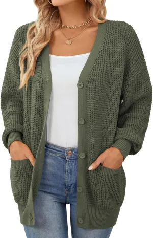 QUALFORT Women's Cardigan Sweater 100% Cotton Button-Down Long Sleeve Oversized Knit Cardigans with Pockets