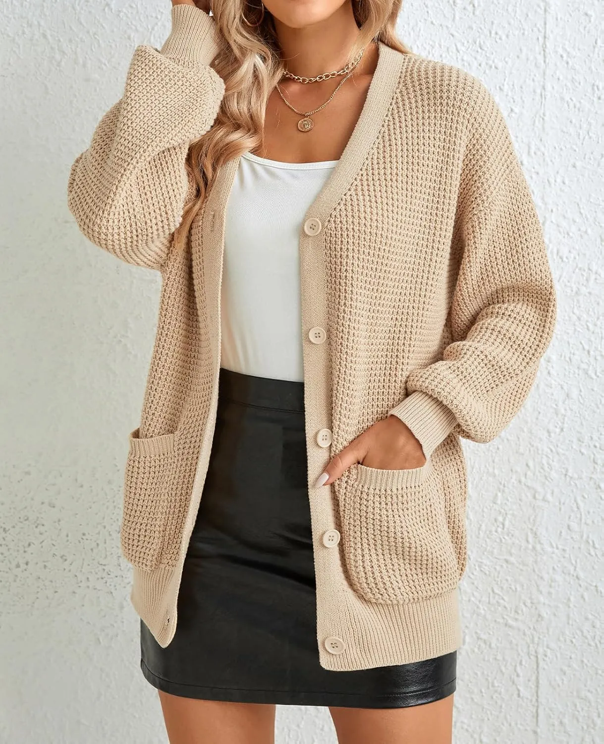 QUALFORT Women's Cardigan Sweater 100% Cotton Button-Down Long Sleeve Oversized Knit Cardigans with Pockets