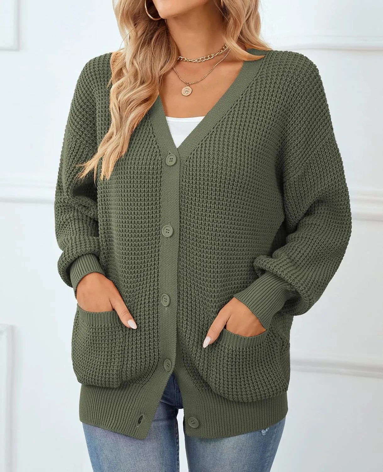 QUALFORT Women's Cardigan Sweater 100% Cotton Button-Down Long Sleeve Oversized Knit Cardigans with Pockets