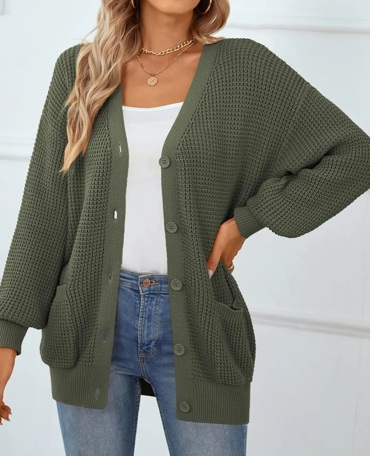 QUALFORT Women's Cardigan Sweater 100% Cotton Button-Down Long Sleeve Oversized Knit Cardigans with Pockets