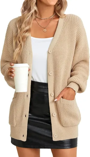 QUALFORT Women's Cardigan Sweater 100% Cotton Button-Down Long Sleeve Oversized Knit Cardigans with Pockets