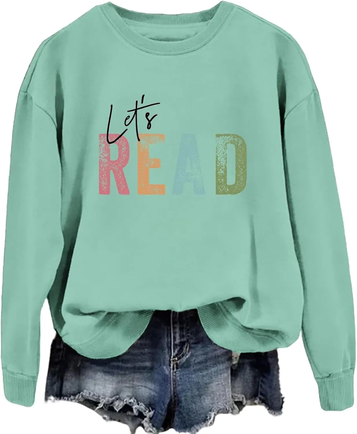 Reading Book Sweatshirt Women Let's Read Graphic Long Sleeve Shirts Crewneck Teacher Library Bookish Pullover Tops