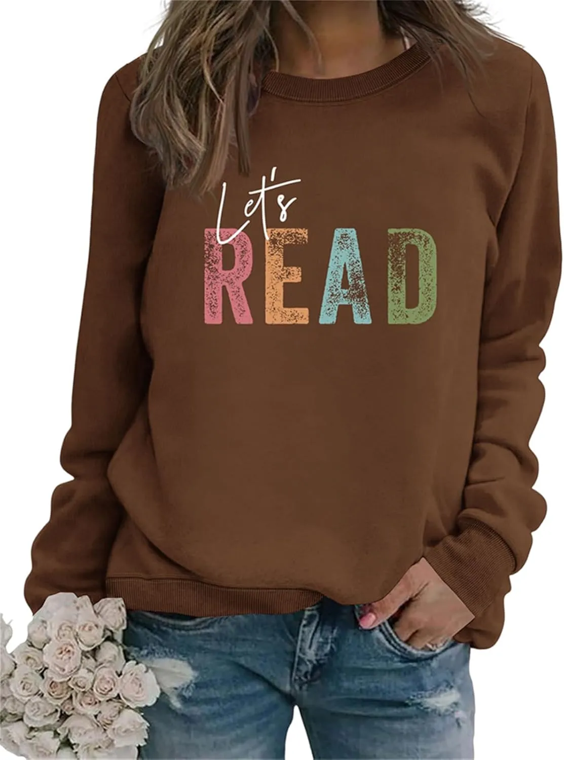 Reading Book Sweatshirt Women Let's Read Graphic Long Sleeve Shirts Crewneck Teacher Library Bookish Pullover Tops