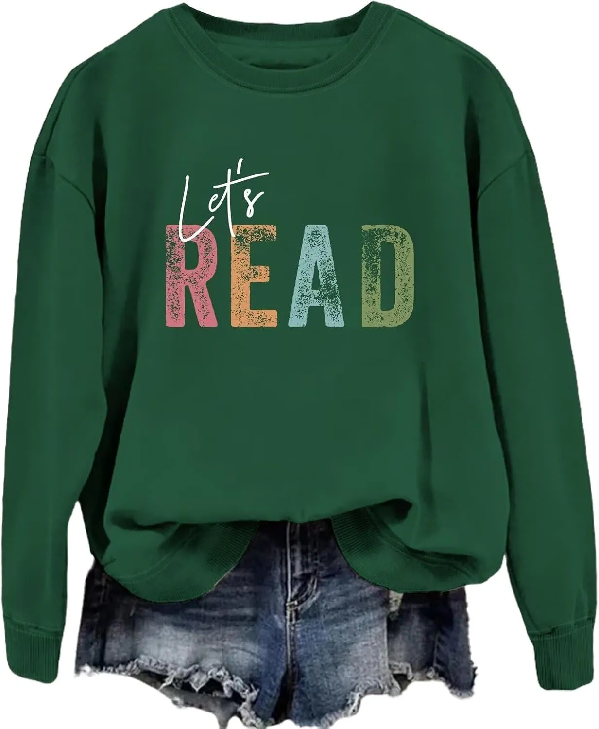 Reading Book Sweatshirt Women Let's Read Graphic Long Sleeve Shirts Crewneck Teacher Library Bookish Pullover Tops