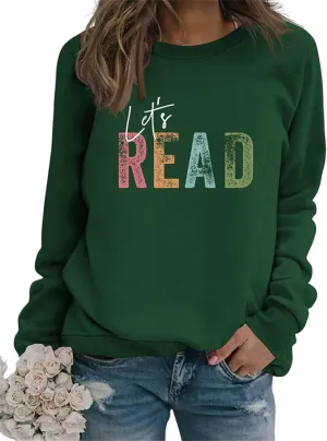 Reading Book Sweatshirt Women Let's Read Graphic Long Sleeve Shirts Crewneck Teacher Library Bookish Pullover Tops