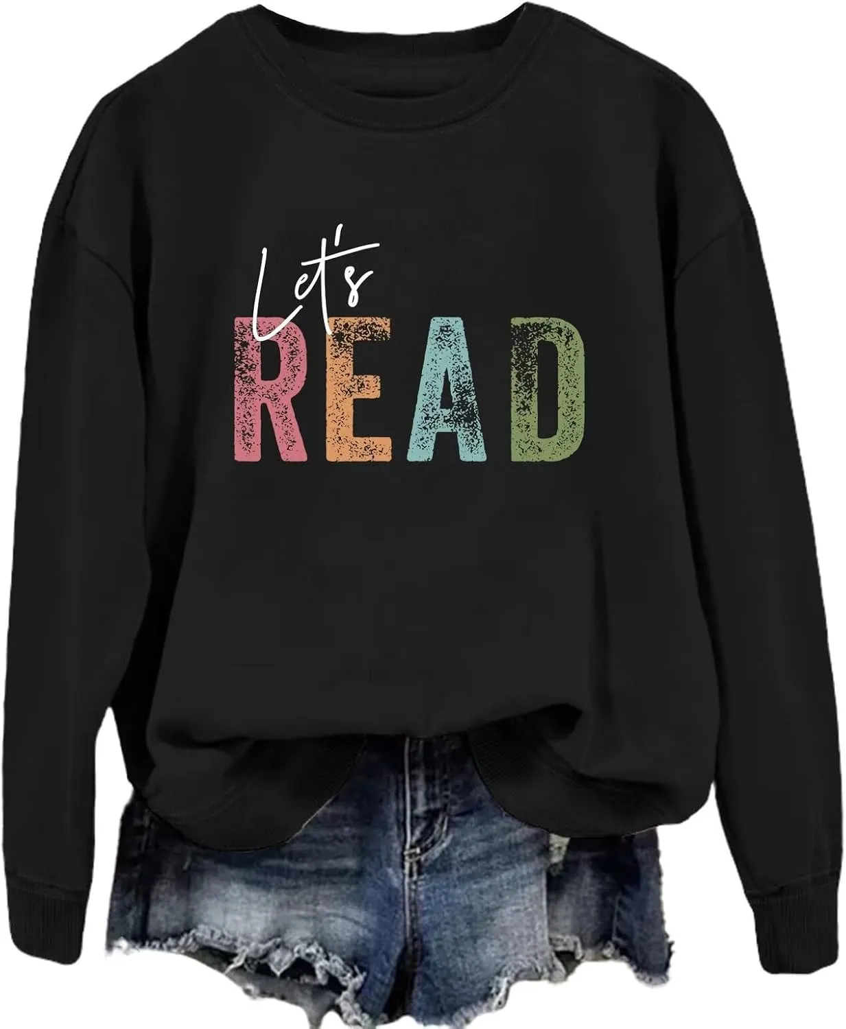 Reading Book Sweatshirt Women Let's Read Graphic Long Sleeve Shirts Crewneck Teacher Library Bookish Pullover Tops