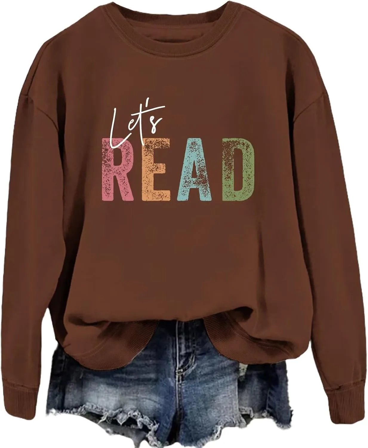 Reading Book Sweatshirt Women Let's Read Graphic Long Sleeve Shirts Crewneck Teacher Library Bookish Pullover Tops