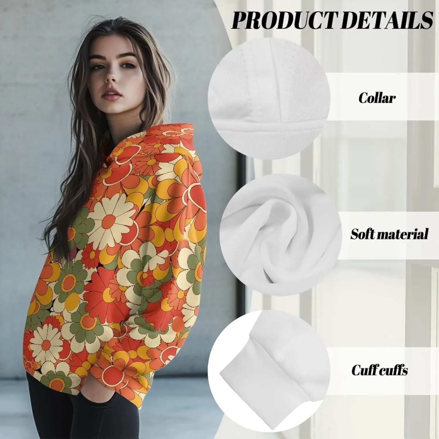 Retro Floral Women's Y2K Oversized Hoodies Casual Long Sleeve Loose Hooded Athletic Tops Pullover Sweatshirts