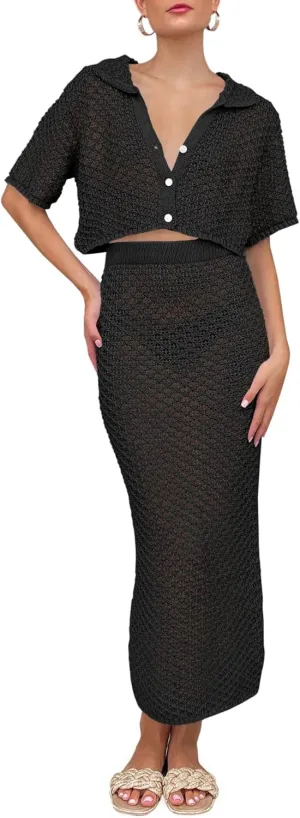 Saodimallsu Women Crochet Beach Cover Up Set Knit Crop Button Short Sleeve Collar Top Bodycon Long Skirt 2 Piece Outfits