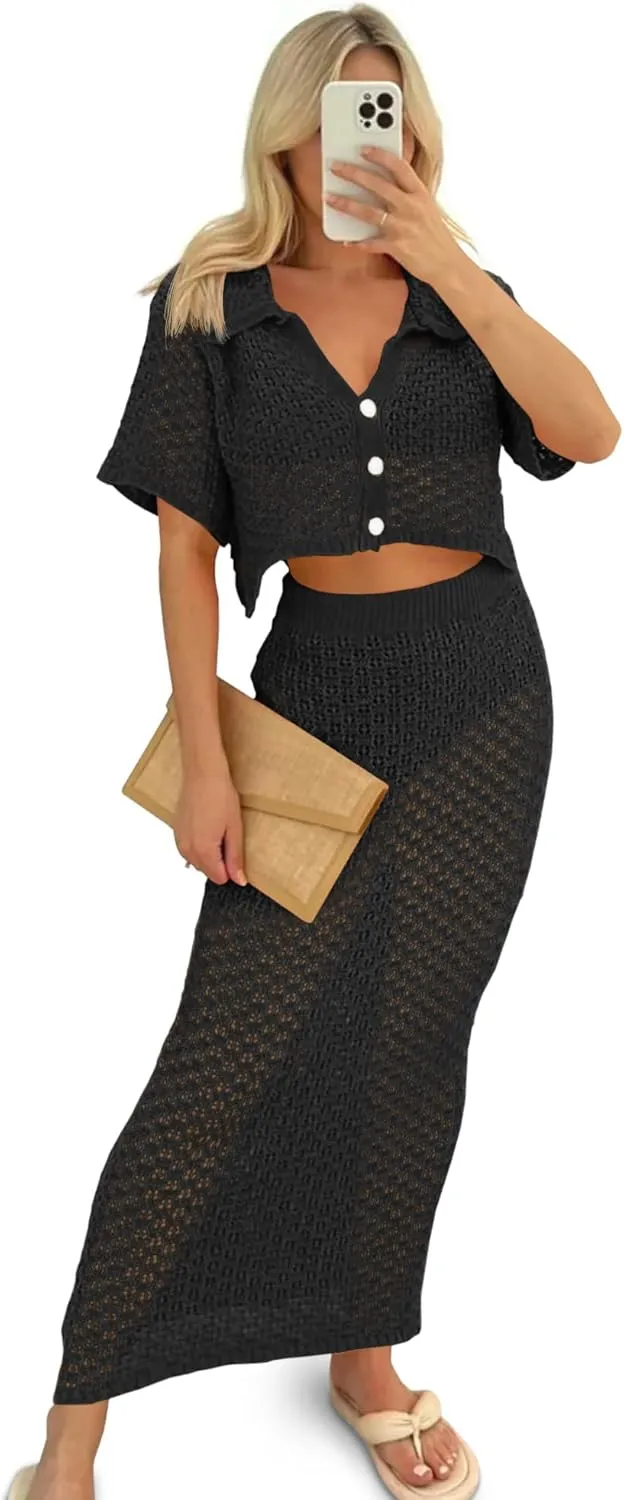 Saodimallsu Women Crochet Beach Cover Up Set Knit Crop Button Short Sleeve Collar Top Bodycon Long Skirt 2 Piece Outfits