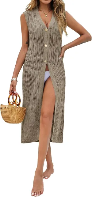 Saodimallsu Womens Crochet Beach Cover Up Summer Sleeveless Sweater Vest Knit Button Up Long Cardigans
