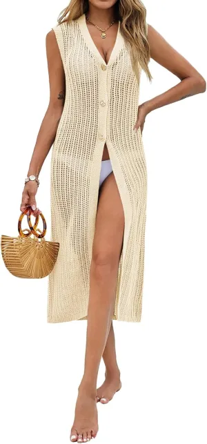 Saodimallsu Womens Crochet Beach Cover Up Summer Sleeveless Sweater Vest Knit Button Up Long Cardigans