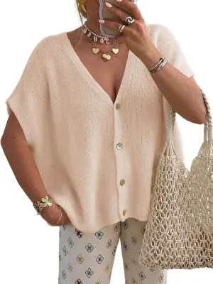 Saodimallsu Womens Summer Oversized Cardigans Batwing Short Sleeve Lightweight Button V Neck Casual Knit Sweater Tops