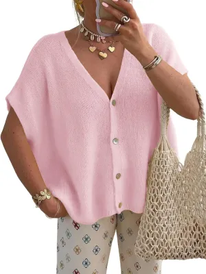 Saodimallsu Womens Summer Oversized Cardigans Batwing Short Sleeve Lightweight Button V Neck Casual Knit Sweater Tops