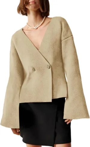 Saodimallsu Womens V Neck Cardigans Long Bell Sleeve Button Down Open Front Loose Knit Fall Sweater Blazer