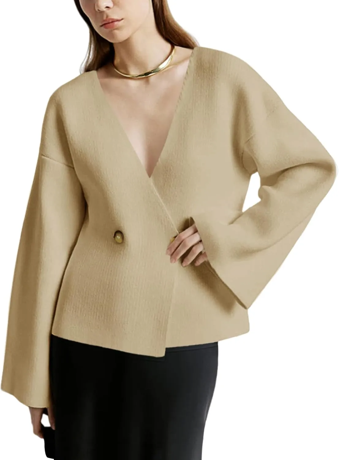 Saodimallsu Womens V Neck Cardigans Long Bell Sleeve Button Down Open Front Loose Knit Fall Sweater Blazer