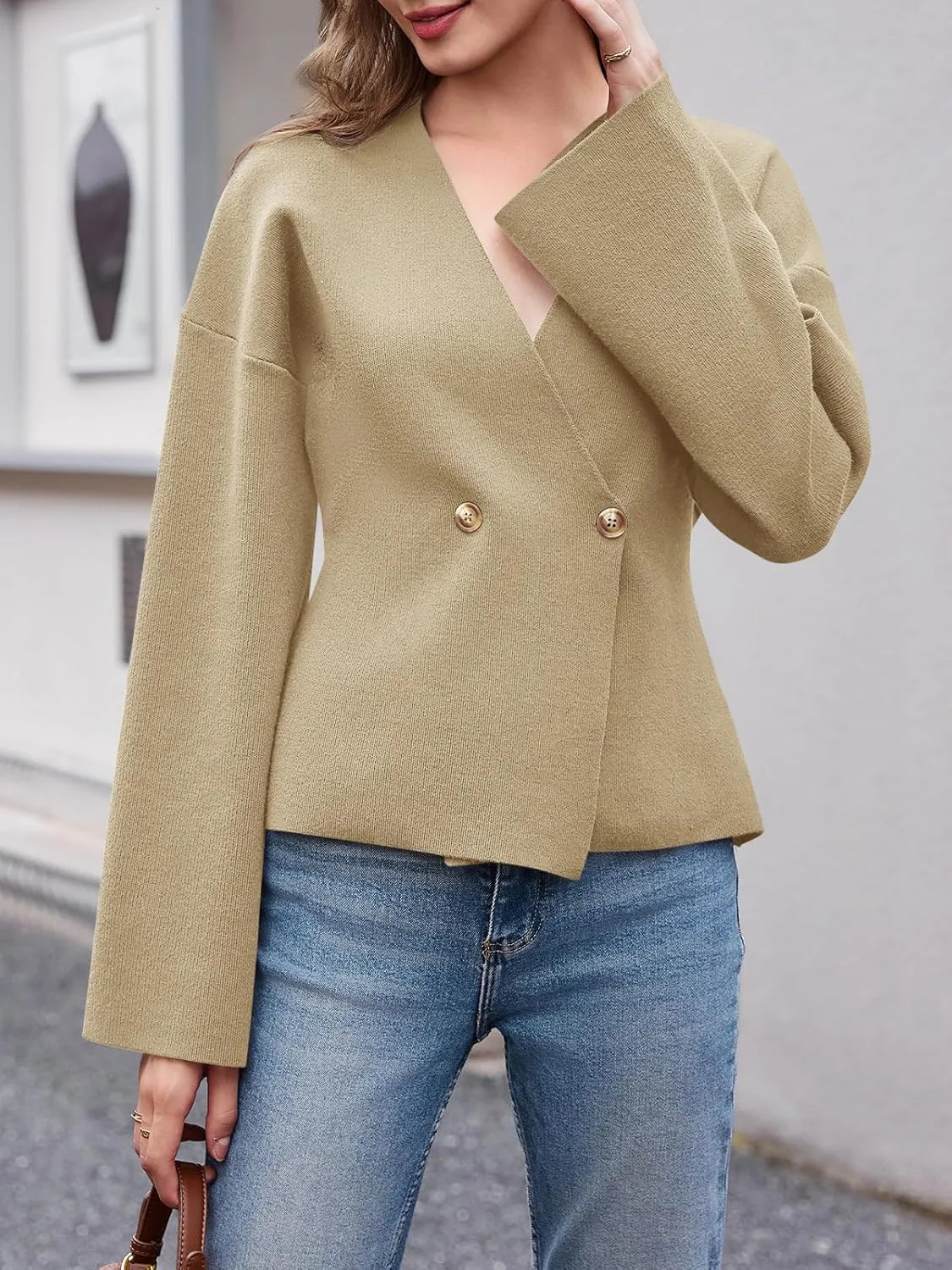 Saodimallsu Womens V Neck Cardigans Long Bell Sleeve Button Down Open Front Loose Knit Fall Sweater Blazer