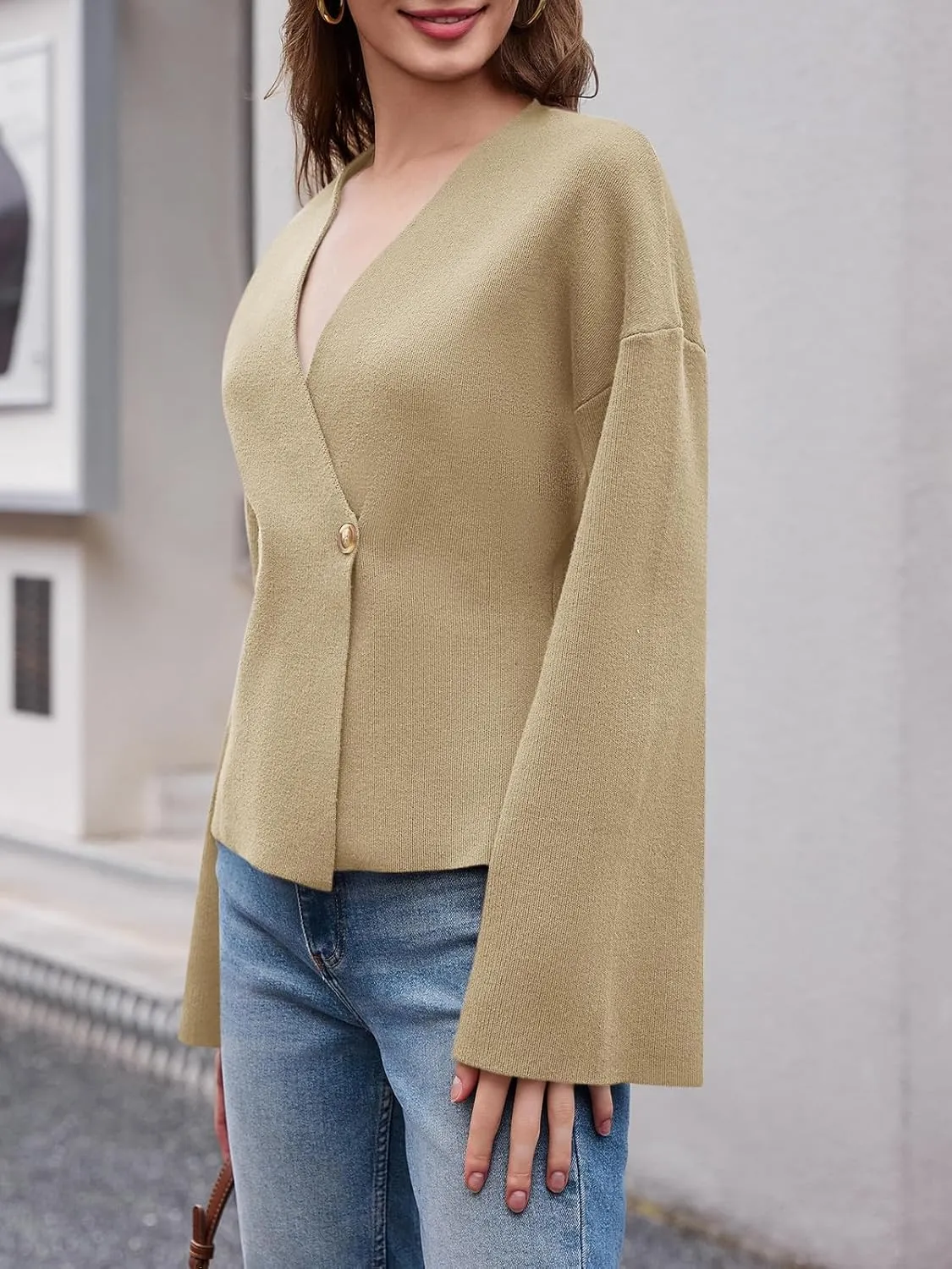 Saodimallsu Womens V Neck Cardigans Long Bell Sleeve Button Down Open Front Loose Knit Fall Sweater Blazer