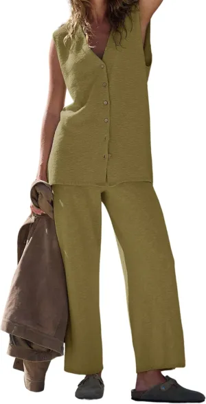 SeekMe Women's 2025 Sweater Set Sleeveless Button Down Vest Wide Leg Pants 2 Piece Outfits Summer Casual Matching Loungewear