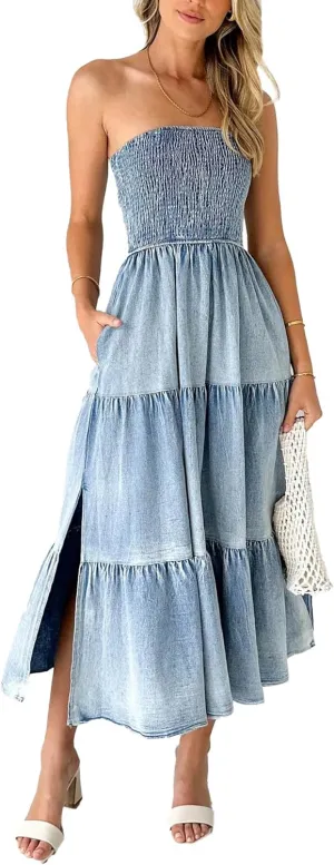 Sexyshine Women's Smocked Tube Top Ruffle Denim Maxi Dress Strapless Off Shoulder Flowy Tiered A Line Bandeau Jean Dress