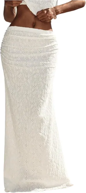 SHENHE Women's Summer Y2k Low Rise Ruched Maxi Skirt Eyelet Bodycon Long Fishtail Skirt