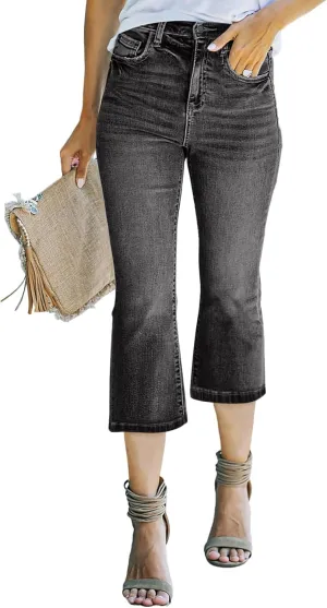 Sidefeel Women's High Waisted Capri Jeans Bell Bottoms Bootcut Summer Zimbaplatinum Denim Flare Pants