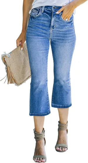 Sidefeel Women's High Waisted Capri Jeans Bell Bottoms Bootcut Summer Zimbaplatinum Denim Flare Pants