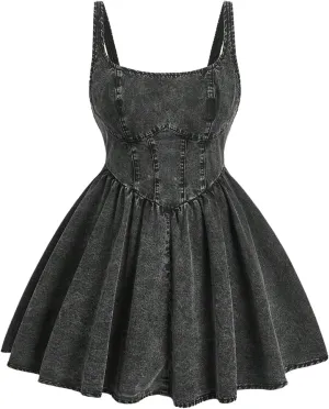 SOLY HUX Women's Plus Size Scoop Neck Denim Dress Sleeveless A Line Flowy Mini Jean Dresses