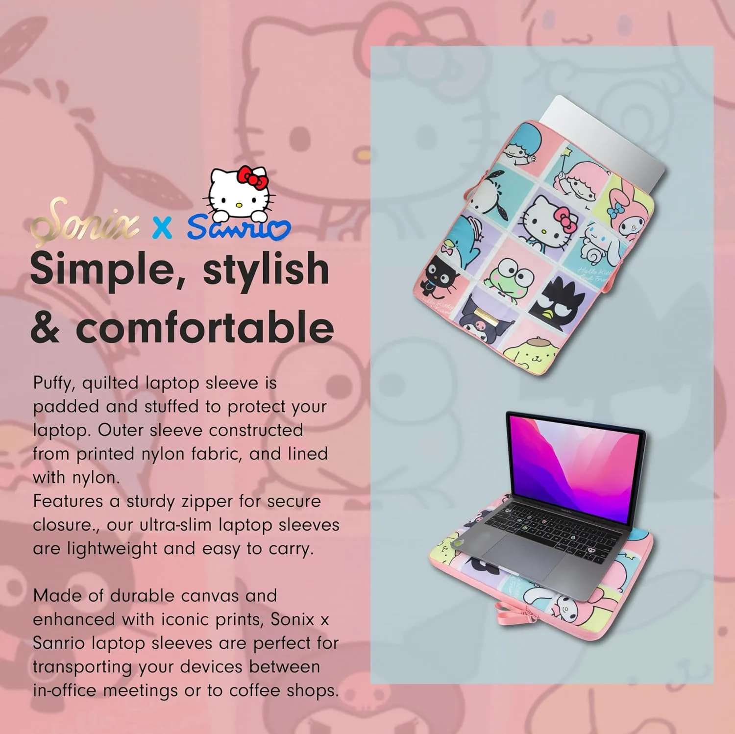 Sonix x Sanrio | Puffy Laptop Sleeve | 15-16 Inch, Quilted Pillow Puffer Laptop Carrying Case, Computer Sleeve | Hello Kitty Grid