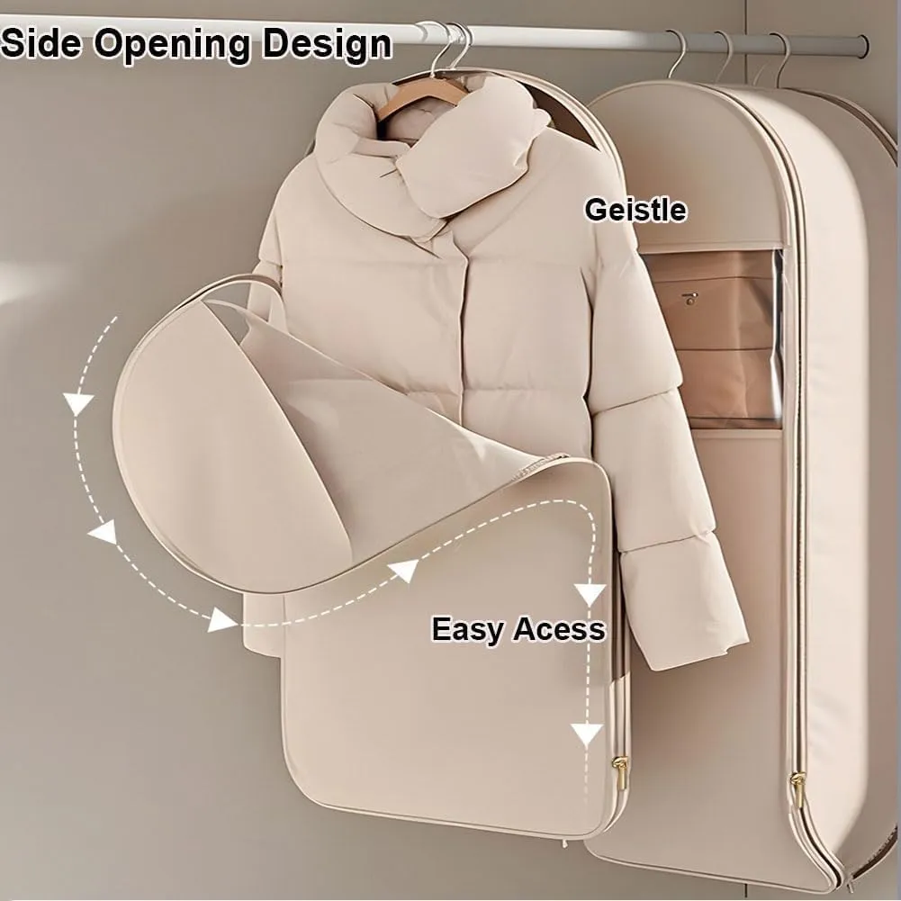 Space Saving Hanging Garment Bag with Self Compression Zipper, Garment Bags for Hanging Clothes Travel for Closet Storage, Dust Cover Clothes Bags Travel Organizer for down Coat Suit (Beige, L)