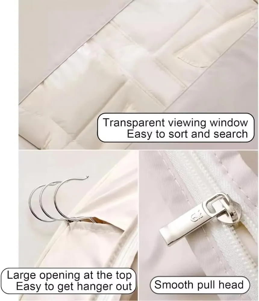 Space Saving Hanging Garment Bag with Self Compression Zipper, Garment Bags for Hanging Clothes Travel for Closet Storage, Dust Cover Clothes Bags Travel Organizer for down Coat Suit (Beige, L)