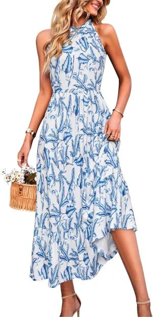 STYLEWORD Womens 2025 Summer Dress Maxi Vacation Floral Halter Neck Sleeveless Flowy Sundress with Pockets