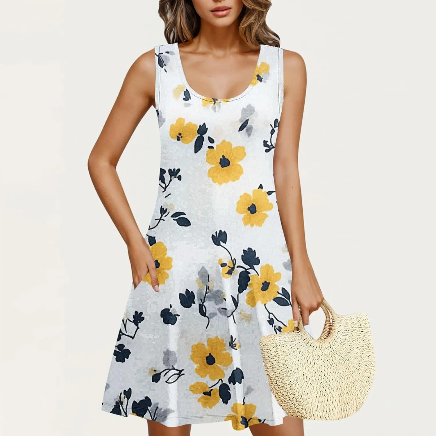 Summer Dresses for Women 2025 Boho Floral Sleeveless Midi Dress Pleated Flowy Dress Casual Loose Beach Outfits