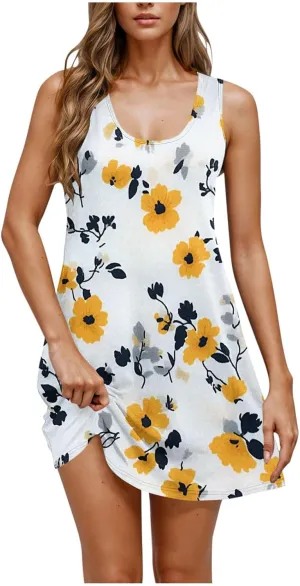 Summer Dresses for Women 2025 Boho Floral Sleeveless Midi Dress Pleated Flowy Dress Casual Loose Beach Outfits