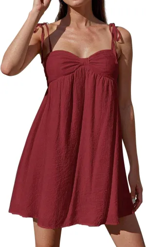 Sun Dresses for Women 2025 Mini Loose Spaghetti Strap Bow Babydoll Dress Casual Summer Vacation Flowy Beach Sundress