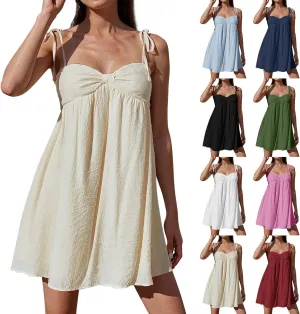 Sun Dresses for Women 2025 Mini Loose Spaghetti Strap Bow Babydoll Dress Casual Summer Vacation Flowy Beach Sundress