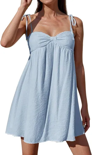 Sun Dresses for Women 2025 Mini Loose Spaghetti Strap Bow Babydoll Dress Casual Summer Vacation Flowy Beach Sundress