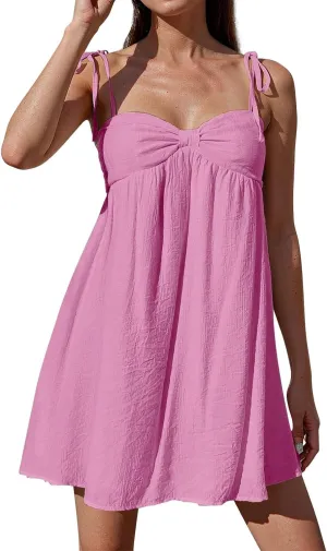 Sun Dresses for Women 2025 Vacation Loose Spaghetti Strap Mini Babydoll Dress Casual Summer A Line Beach Sundress
