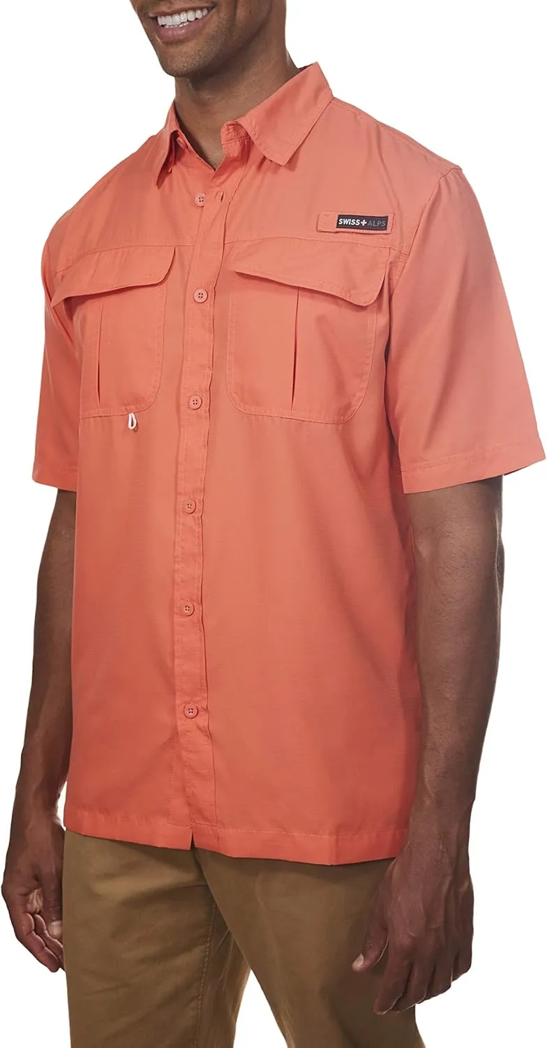 Swiss Alps Mens Short Sleeve Button Down Sun Protection UPF 30 Shirt Quick Dry Cooling Fishing Shirts Casual Summer Tops