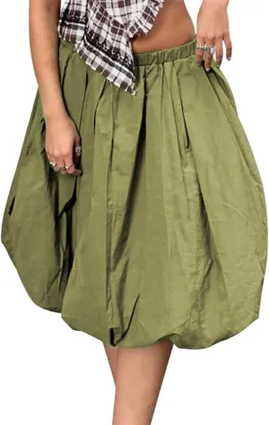 Tenopuli Women Elastic Waist Bubble Midi Skirt Solid Color High Waist Puffy A Line Skirt Casual Baggy Pleated Mid Skirt