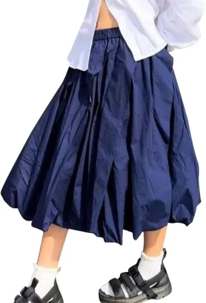 Tenopuli Women Elastic Waist Bubble Midi Skirt Solid Color High Waist Puffy A Line Skirt Casual Baggy Pleated Mid Skirt