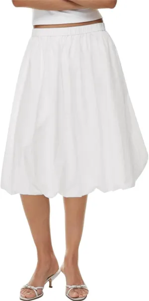 Tenopuli Women Elastic Waist Bubble Midi Skirt Solid Color High Waist Puffy A Line Skirt Casual Baggy Pleated Mid Skirt
